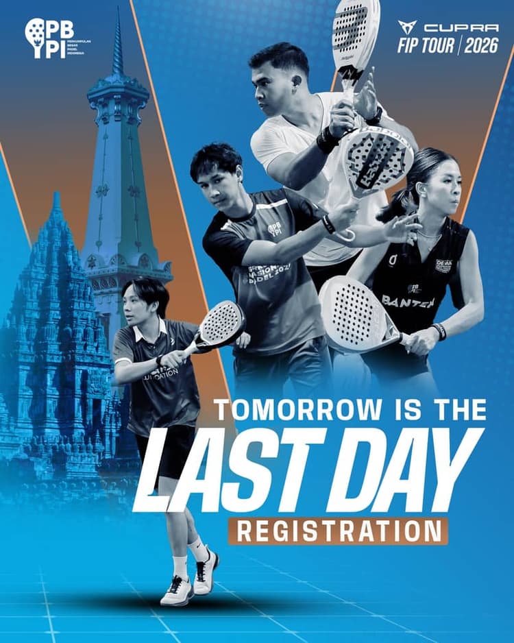 LAST CALL: PENDAFTARAN DITUTUP BESOK! ⏰🔥
Kesempatan terakhir kamu untuk bergabung di panggung internasional! Besok, Jumat, 8 Mei 2026, registrasi untuk FIP Bronze Yogyakarta resmi ditutup.
📌 Batas Akhir: Jam 17.00 WIB (Tepat!)
Jangan sampai menyesal karena melewatkan peluang emas untuk mengumpulkan poin dunia dan berkompetisi dengan pemain internasional di tanah para raja!
SIAP UNTUK BERTANDING?
Langsung klik link di bio untuk registrasi sekarang juga sebelum waktu habis! 🎾🏆
#pbpi #padel #padelindonesia #tournament #fip LAST CALL: PENDAFTARAN DITUTUP BESOK! ⏰🔥
Kesempatan terakhir kamu untuk bergabung di panggung internasional! Besok, Jumat, 8 Mei 2026, registrasi untuk FIP Bronze Yogyakarta resmi ditutup.
📌 Batas Akhir: Jam 17.00 WIB (Tepat!)
Jangan sampai menyesal karena melewatkan peluang emas untuk mengumpulkan poin dunia dan berkompetisi dengan pemain internasional di tanah para raja!
SIAP UNTUK BERTANDING?
Langsung klik link di bio untuk registrasi sekarang juga sebelum waktu habis! 🎾🏆
#pbpi #padel #padelindonesia #tournament #fip