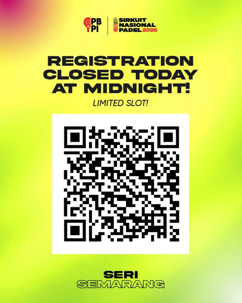 LAST CHANCE! ⏳
Pendaftaran SIRNAS Padel 2026 Seri Semarang resmi ditutup MALAM INI pukul 23.59 WIB.
Slot terbatas. Jangan sampai tertinggal untuk menjadi bagian dari sejarah Padel Indonesia. 🎾🇮🇩
Daftar sekarang! Sampai jumpa di lapangan!
#pbpi #padel #padelindonesia LAST CHANCE! ⏳
Pendaftaran SIRNAS Padel 2026 Seri Semarang resmi ditutup MALAM INI pukul 23.59 WIB.
Slot terbatas. Jangan sampai tertinggal untuk menjadi bagian dari sejarah Padel Indonesia. 🎾🇮🇩
Daftar sekarang! Sampai jumpa di lapangan!
#pbpi #padel #padelindonesia
